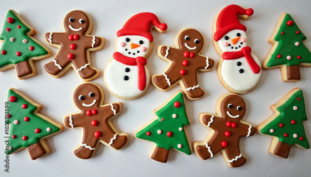 Naklejka premium Assorted Christmas cookies including gingerbread men, snowmen, and Christmas trees decorated with icing