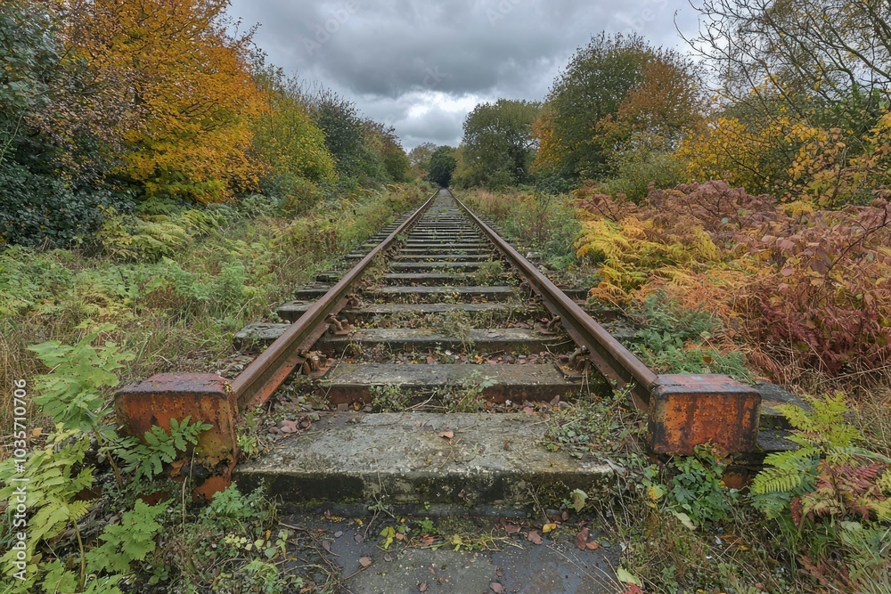 Fototapeta premium Overgrown Railroad Tracks Leading into a Forest