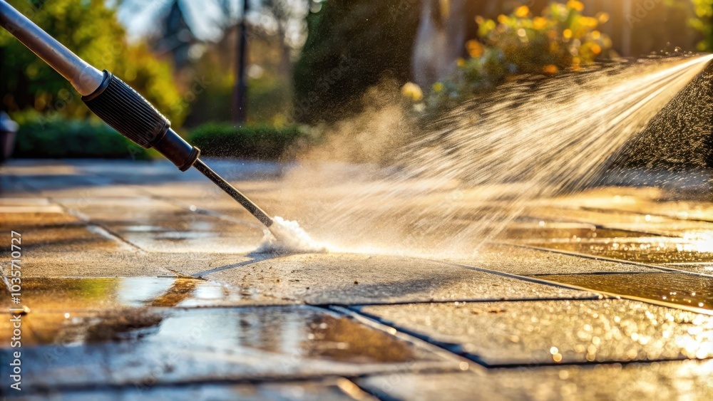 Naklejka premium A high-pressure water jet cleans a paved surface, leaving behind a sparkling sheen and a sense of renewal.