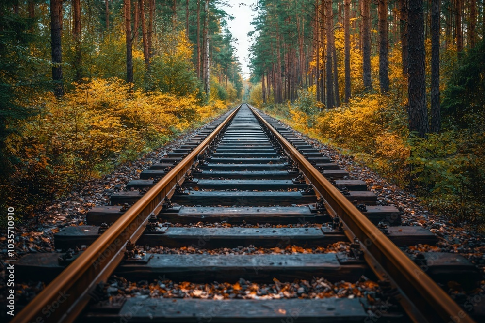 Obraz premium Train Tracks Vanishing Through an Autumn Forest