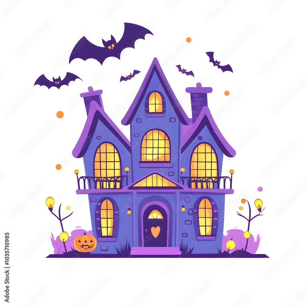 Fototapeta premium Haunted House Halloween Illustration Spooky Mansion with Bats and Pumpkins