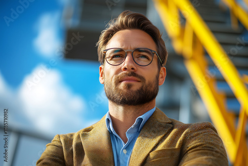 Confident Business Manager Looking Forward Against Blue Sky Background