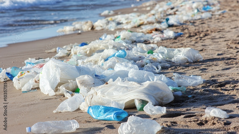 Plastic waste scattered along a sandy beach affecting marine wildlife, ideal for campaigns on ocean conservation and awareness Plastic waste scattered along a sandy beach affecting marine wildlife, ideal for campaigns on ocean conservation and awareness