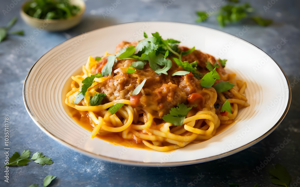A large serving of Rachta, a North African pasta dish with hand-rolled noodles topped with savory meat or vegetable stew. The soft noodles are coated in rich sauce and garnished with fresh herbs.
A large serving of Rachta, a North African pasta dish with hand-rolled noodles topped with savory meat or vegetable stew. The soft noodles are coated in rich sauce and garnished with fresh herbs.