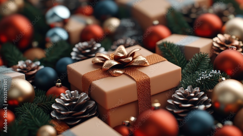 Beautifully Wrapped Christmas Gift Box with Festive Ornaments and Unique Design, Perfect for Holiday Gifting Beautifully Wrapped Christmas Gift Box with Festive Ornaments and Unique Design, Perfect for Holiday Gifting