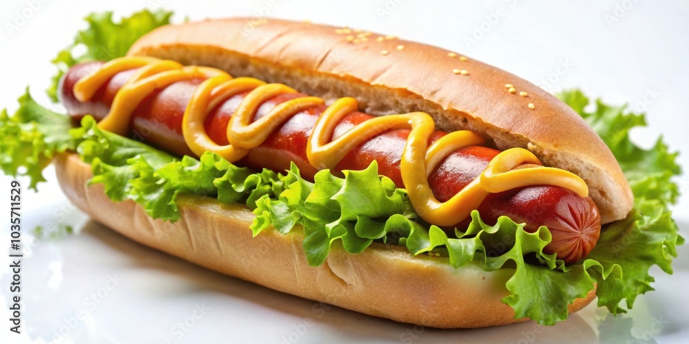 A close-up shot of a classic hot dog with mustard and lettuce in a soft bun on a white background A close-up shot of a classic hot dog with mustard and lettuce in a soft bun on a white background