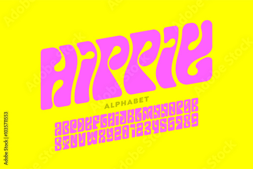 Hippie. Psychedelic style font design, 1960s alphabet letters and numbers vector illustration