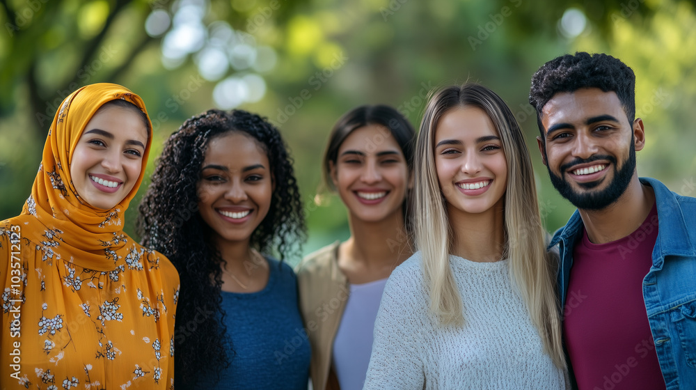 Group of Smiling Multiracial Young Adults Standing Together Group of Smiling Multiracial Young Adults Standing Together