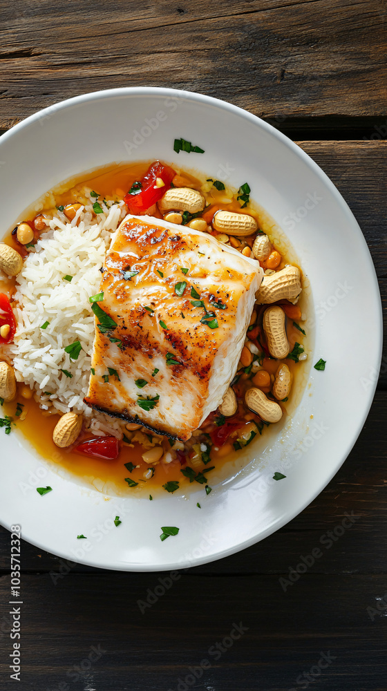 Grilled fish fillet being served on white plate with rice, peanut sauce and herbs, shot from above on dark rustic wood Grilled fish fillet being served on white plate with rice, peanut sauce and herbs, shot from above on dark rustic wood
