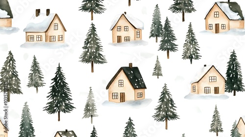 Watercolor Winter Village Seamless Pattern Cozy Cottages Snow Covered Trees White Back