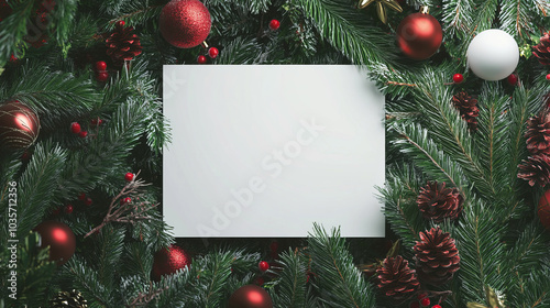 Christmas modern minimalistic mockup of blank white paper card, in the center, pine branches and decorations, white, green, and red colors, elegant style