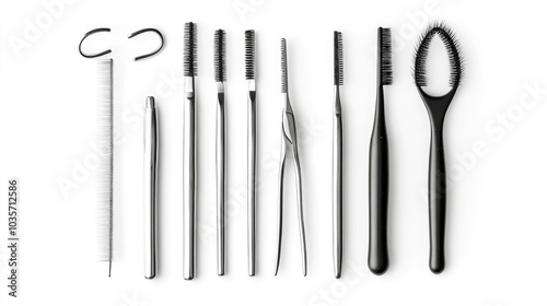 A collection of grooming tools arranged in a row for personal care and hygiene.