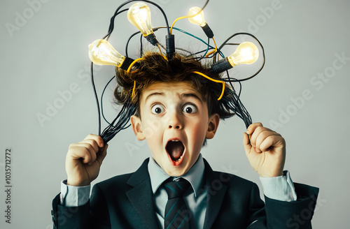 A boy excitedly with lightbulb glowing bright. brilliant and  inspiration concepts.symbol of study and learning