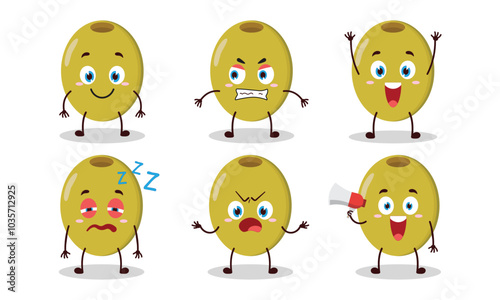 funny green olive cartoon with many expressions vector illustration