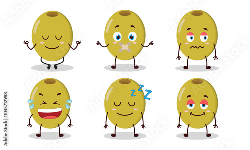 funny green olive cartoon with various expressions vector illustration