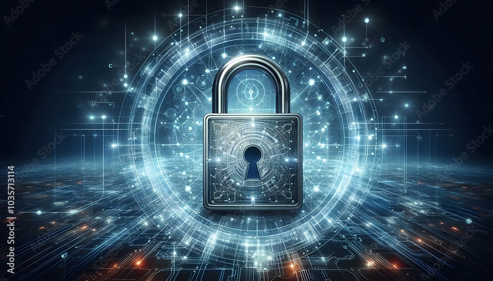 A metallic padlock icon set against a futuristic digital landscape with intricate network patterns and glowing grids.