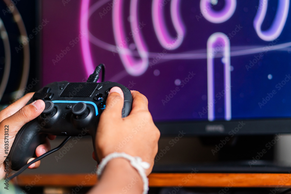 Gaming with Wireless Controller and Neon Wu-F Symbol Gaming with Wireless Controller and Neon Wu-F Symbol