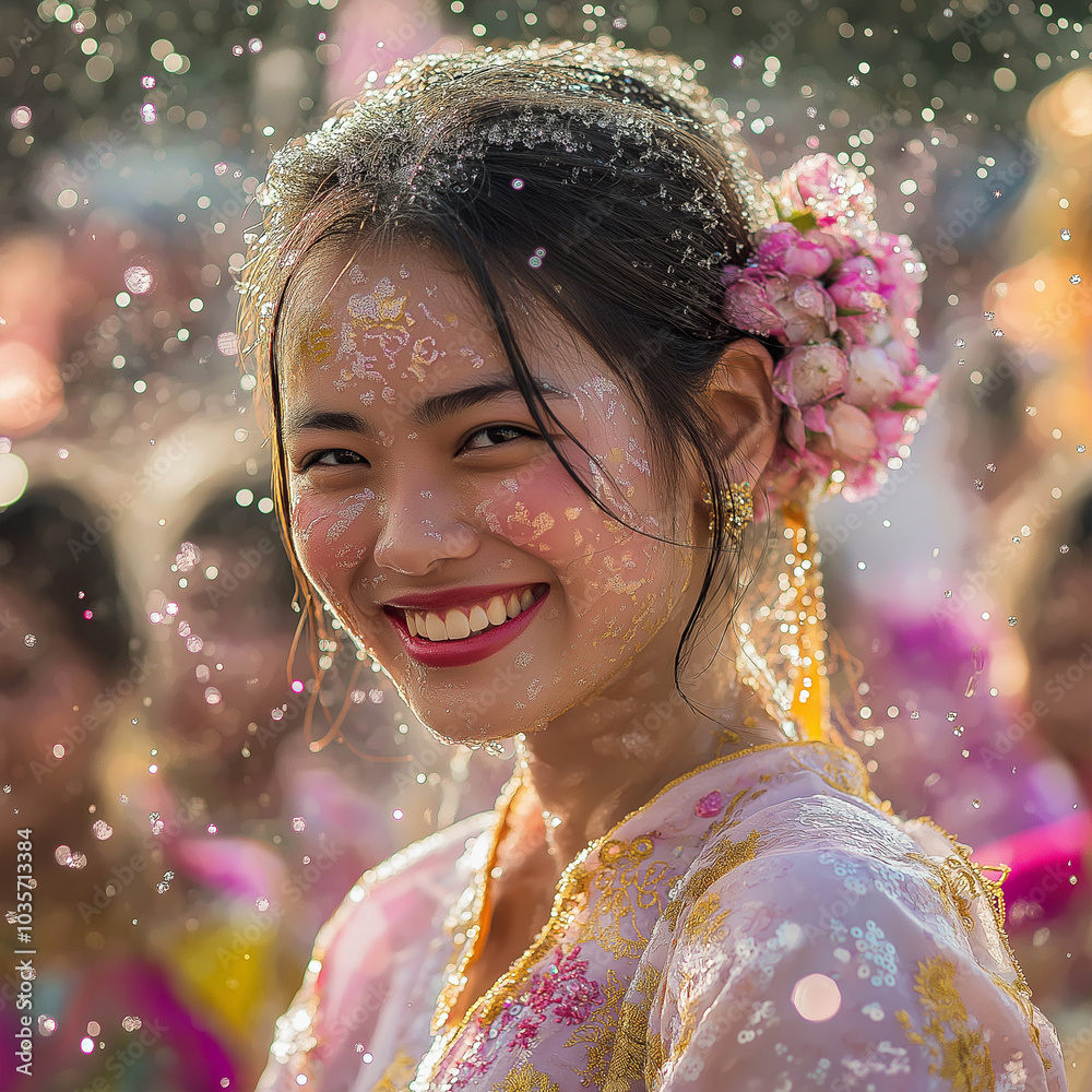 Thai women wear traditional Thai dresses during the Songkran festival.