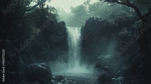 Misty Waterfall in Lush Forest