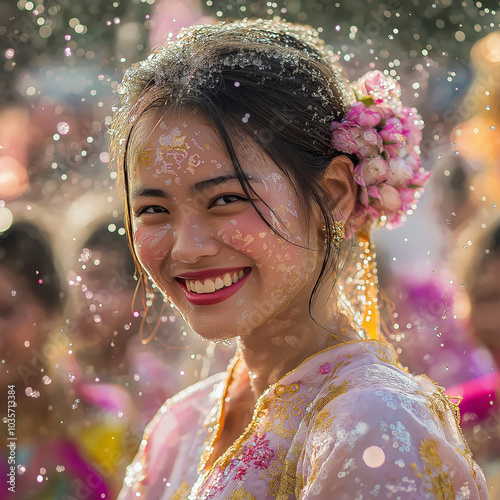 Thai women wear traditional Thai dresses during the Songkran festival.