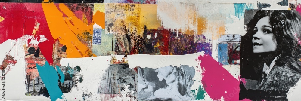 Fototapeta premium Mixed media collage featuring fragmented photographs and vibrant paint splashes