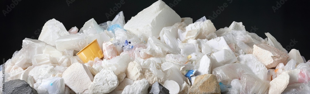 Large pile of white plastic waste and styrofoam on a dark background symbolizes environmental pollution Large pile of white plastic waste and styrofoam on a dark background symbolizes environmental pollution