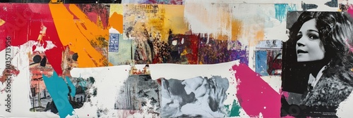 Mixed media collage featuring fragmented photographs and vibrant paint splashes