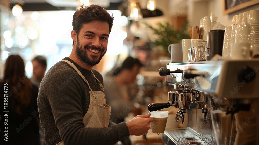 A smiling barista preparing coffee in a trendy coffee, using a modern espresso machine, with customers in the background A smiling barista preparing coffee in a trendy coffee, using a modern espresso machine, with customers in the background