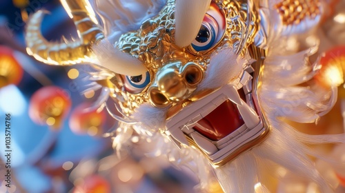 Fierce golden dragon head close-up, representing strength and culture, ideal for festival promotions and tourism ads	 photo