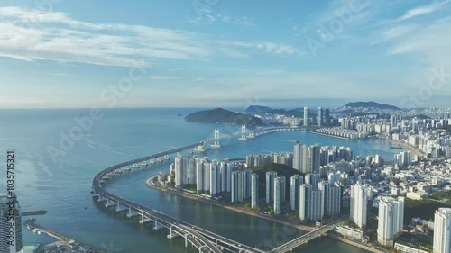 Wallpaper Mural Drone View of Busan city in South Korea, Centum City, Summer, 60fps Torontodigital.ca