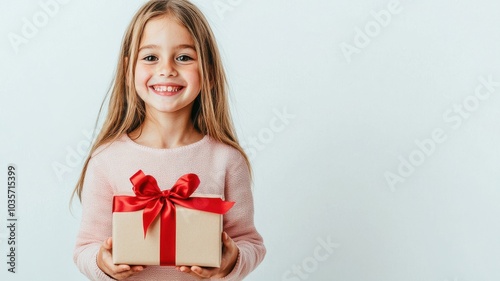 Happy Girl Holding Red Gift Box on White Background with Copy Space Area