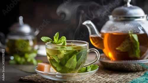 A Moroccan teapot pours vibrant green tea infused with fresh mint into a glass cup, with a sugar cube on the side and steam rising, evoking warmth and hospitality.