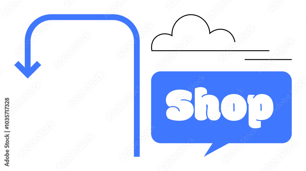 Bold white text on blue shopping speech bubble with downward arrow and cloud symbol, Ideal for marketing online shopping ecommerce retail promotions sales advertisement simplistic style Bold white text on blue shopping speech bubble with downward arrow and cloud symbol, Ideal for marketing online shopping ecommerce retail promotions sales advertisement simplistic style