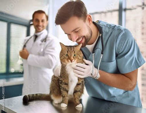 Veterinarian Petting a Noble cat. Healthy Pet on a Check Up Visit in Modern Veterinary Clini photo