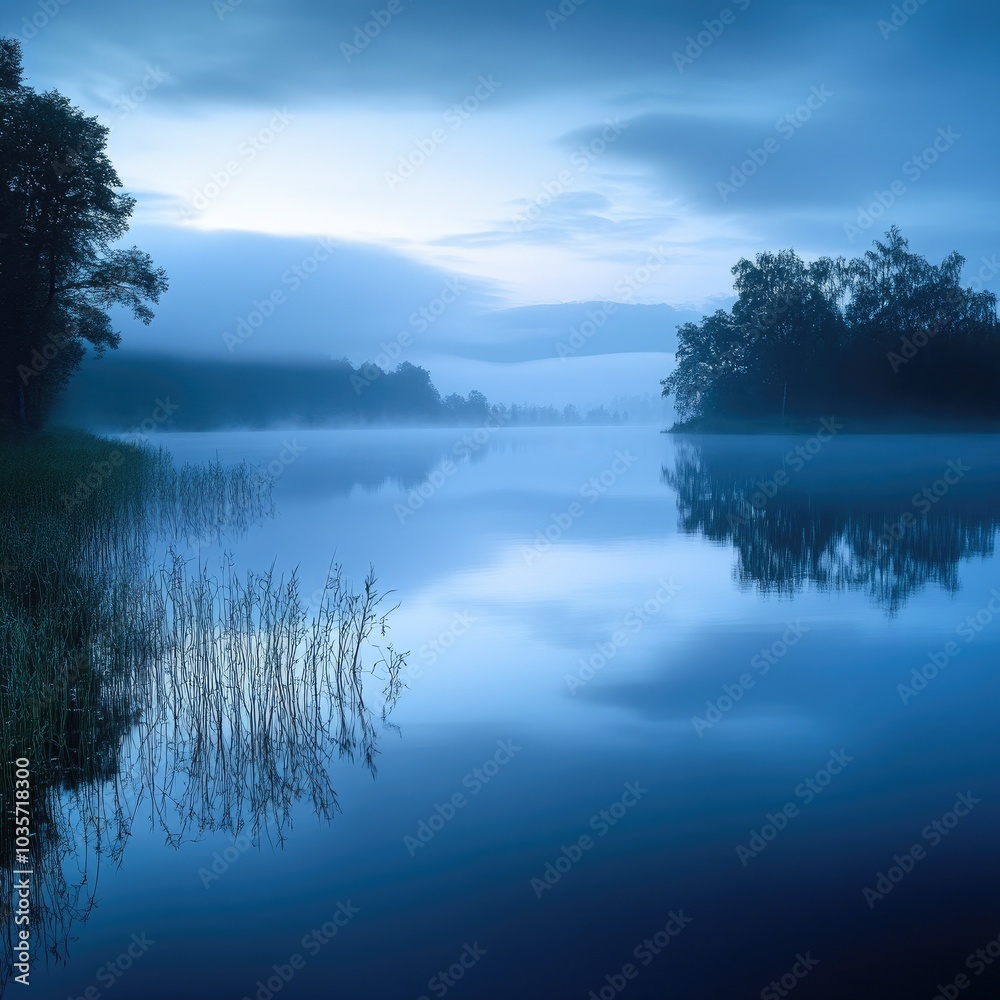 Serene dawn over a misty lake, reflecting soft blues and greens, surrounded by trees and calm water. Serene dawn over a misty lake, reflecting soft blues and greens, surrounded by trees and calm water.
