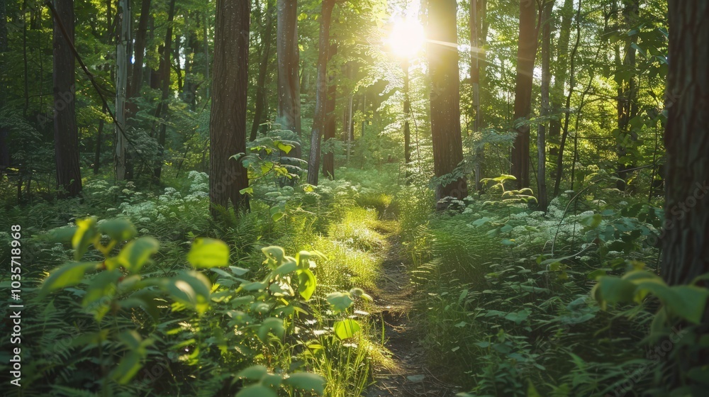 Obraz premium Sunlit Path Through a Lush Green Forest