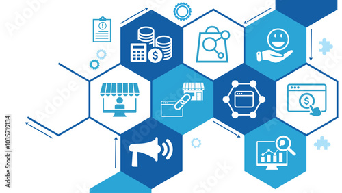Affiliate marketing concept with icons. Pay per click, buyer, publisher, link, advertising, website, SEO, merchant. Web vector infographic
