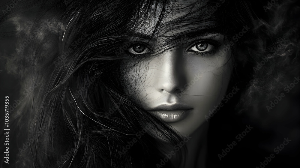 Mysterious monochrome portrait of a woman with dramatic flowing hair, emphasizing expressive eyes and lips - Mysterious monochrome portrait of a woman with dramatic flowing hair, emphasizing expressive eyes and lips -