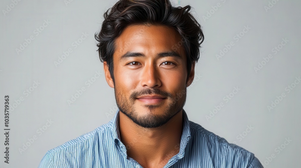 Obraz premium handsome asian man smiling confidently in a blue striped shirt and black jeans set against a clean white background that emphasizes his approachable demeanor