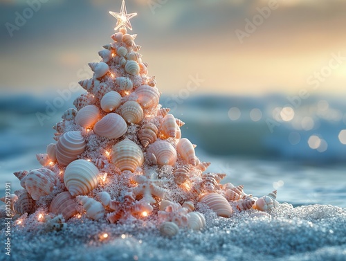 seashells intricately arranged atop a miniature christmas tree, set against a tranquil beach backdrop. soft pastel colors and gentle waves evoke a serene holiday vibe photo