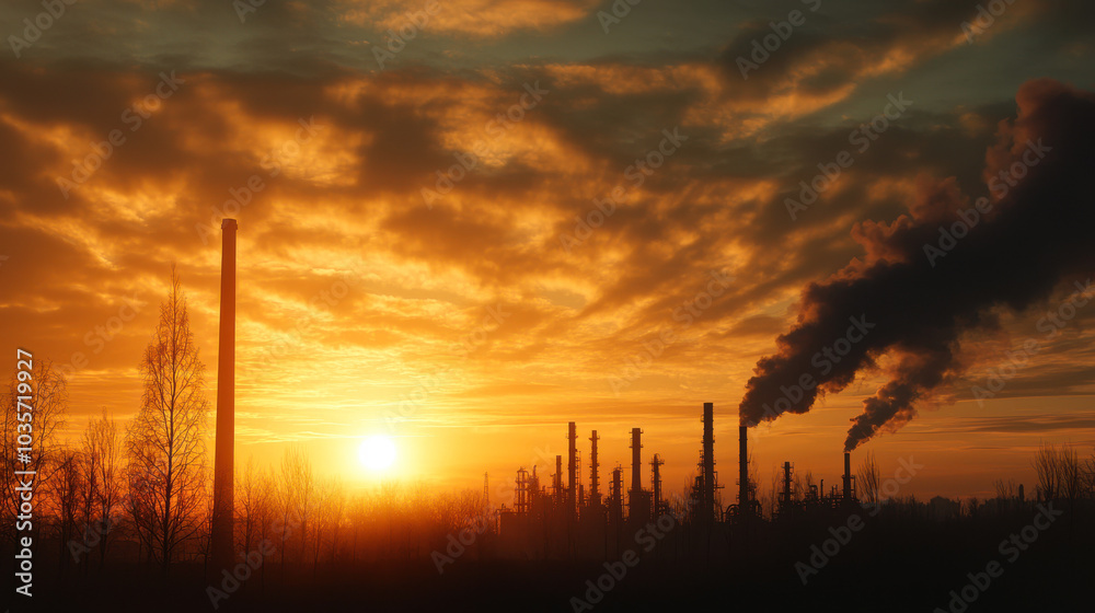 image captures dramatic sunset over industrial landscape, highlighting smokestacks and pollution. scene evokes sense of environmental concern and impact of industry on nature image captures dramatic sunset over industrial landscape, highlighting smokestacks and pollution. scene evokes sense of environmental concern and impact of industry on nature