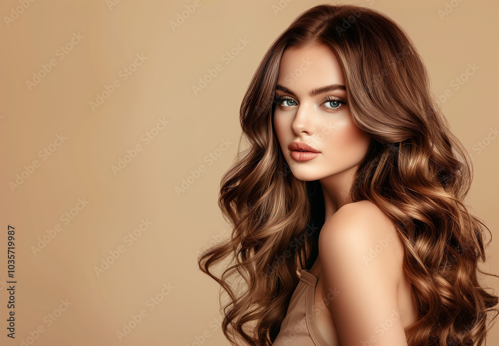 Naklejka premium Healthy glance model woman with long hairstyle, clean healthy fresh skin looking at camera