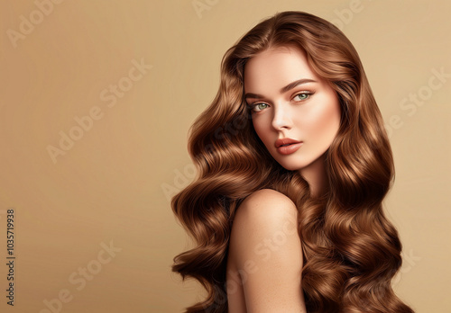 Studio portrait of young adult woman with beautiful natural long wavy brown hair. Make-up, clear fresh skin and curly hairstyle. Cosmetic, styling, shampoo, glance and hairdresser concept