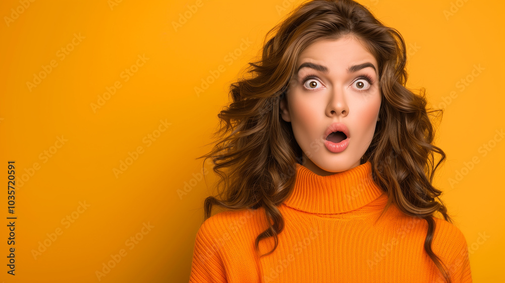 Amazed shock female person. Amazed attractive woman with brown hair indoor on bright yellow background Amazed shock female person. Amazed attractive woman with brown hair indoor on bright yellow background