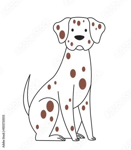Cute minimalistic dog. White dalmatian sitting. Cute domestic animal and pet. Puppy of luxury breed. Adorable spotted doggy. Linear vector illustration