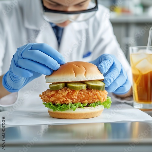 Scientist analyzing a chicken burger in a laboratory, wearing protective gloves and glasses, food quality control concept