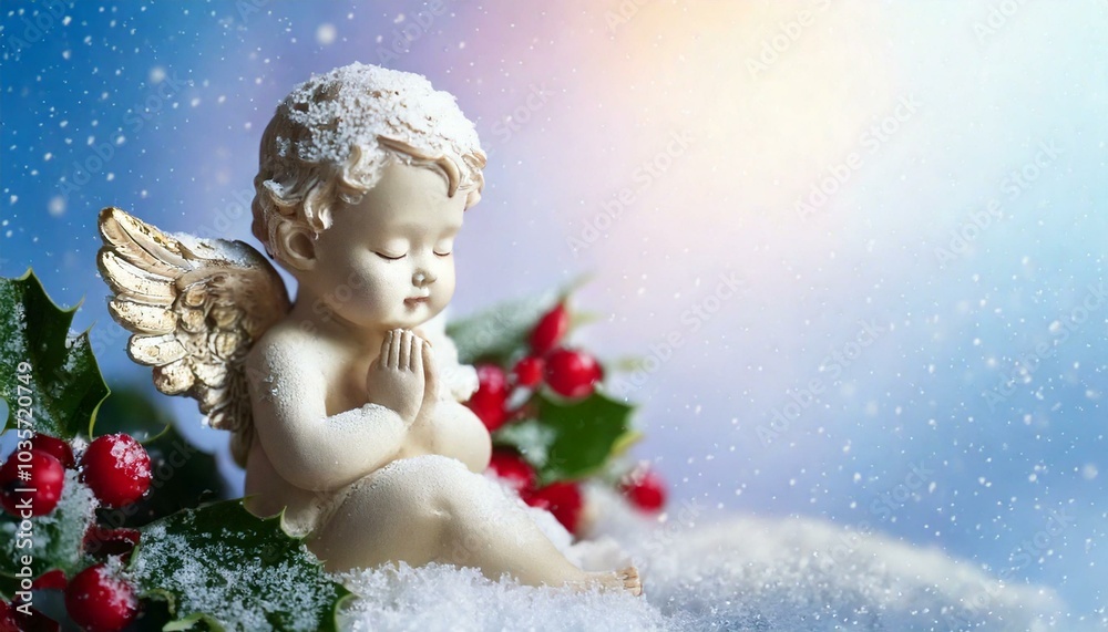 Obraz premium Cute praying angel decoration with holly branches covered in snow