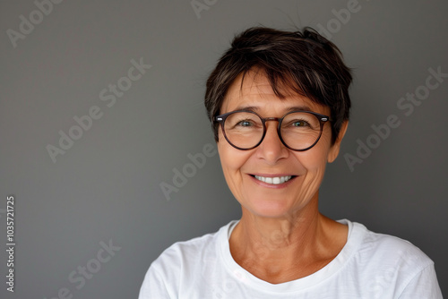 Cute mature adult woman on white background, studio portrait