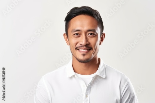 Portrait of happy young asian man looking at camera over white background