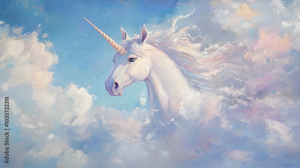 Whimsical Ethereal Unicorn Floating Amidst Wispy Clouds in Romantic Victorian Impressionistic Style